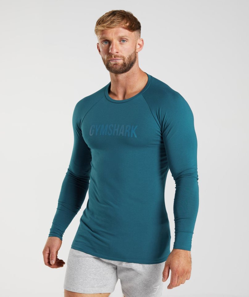 Men\'s Gymshark Apollo Long Sleeve T-Shirts Blue | NZ 9PSKXY